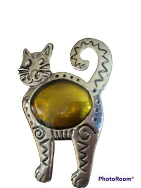 Pewter Kitty Cat Brooch Pin Golden Glass Accent Belly Decorative Metal Accents